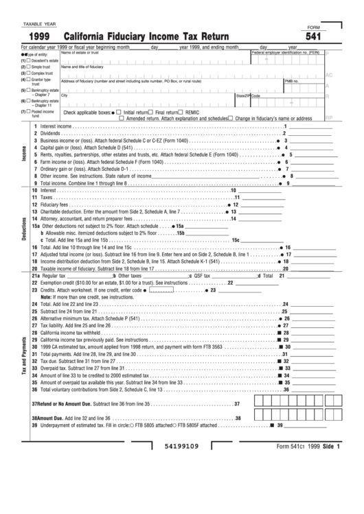 Form 541 - California Fiduciary Income Tax Return - 1999 Printable pdf
