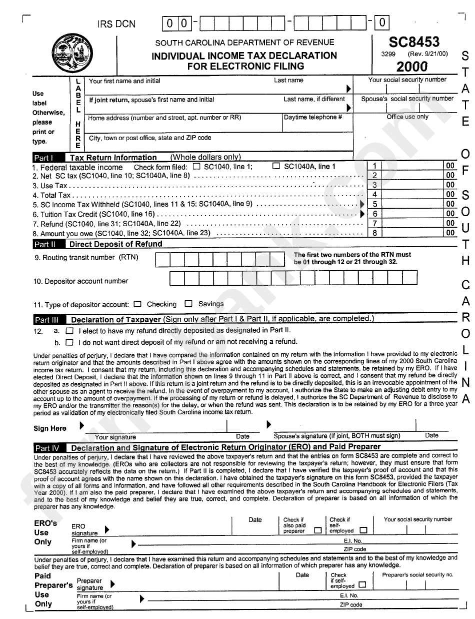 Form Sc8453 - Individual Income Tax Declaration For Electronic Filing - 2000