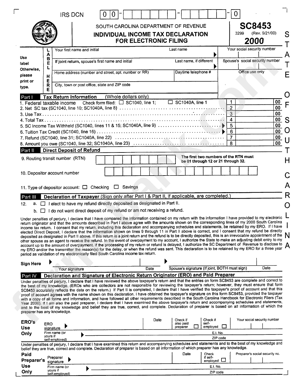 Download Form Sc8453 - Individual Income Tax Declaration For Electronic Filing - 2000 printable pdf download