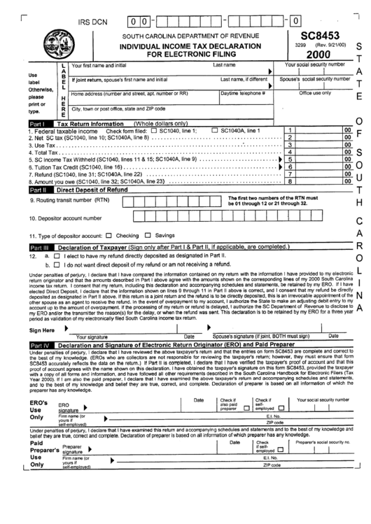 Form Sc8453 - Individual Income Tax Declaration For Electronic Filing - 2000 Printable pdf
