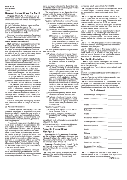 Instructions For Form N318 Hawaii Department Of Taxation 1999 printable pdf download