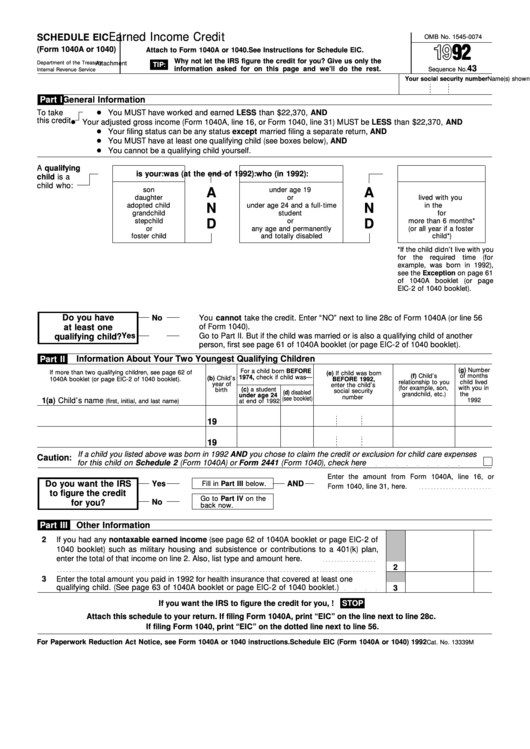 Schedule Eic (Form 1040a Or 1040) - Earned Income Credit - 1992 Printable pdf