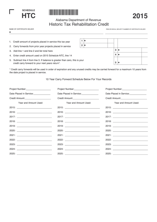 Schedule Htc - Historic Tax Rehabilitation Credit - 2015 Printable pdf