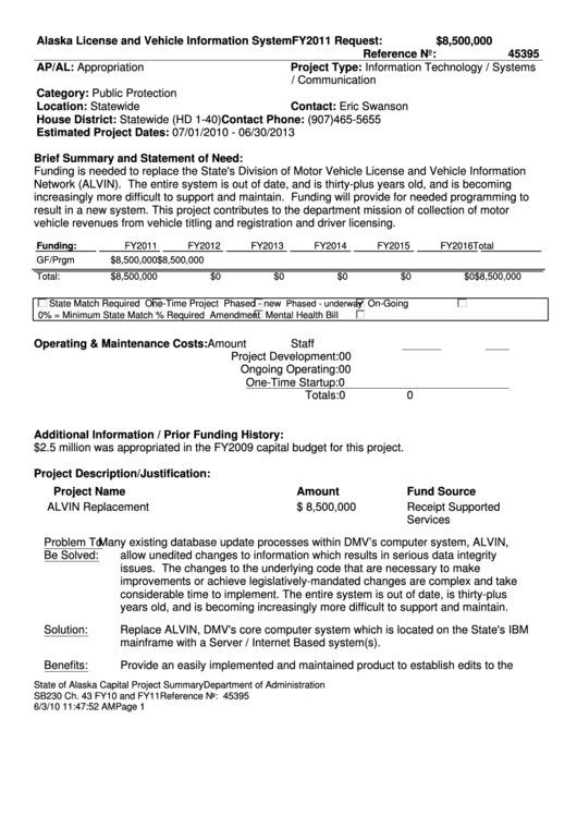 Form Fy2011 - Alaska License And Vehicle Information System Printable pdf