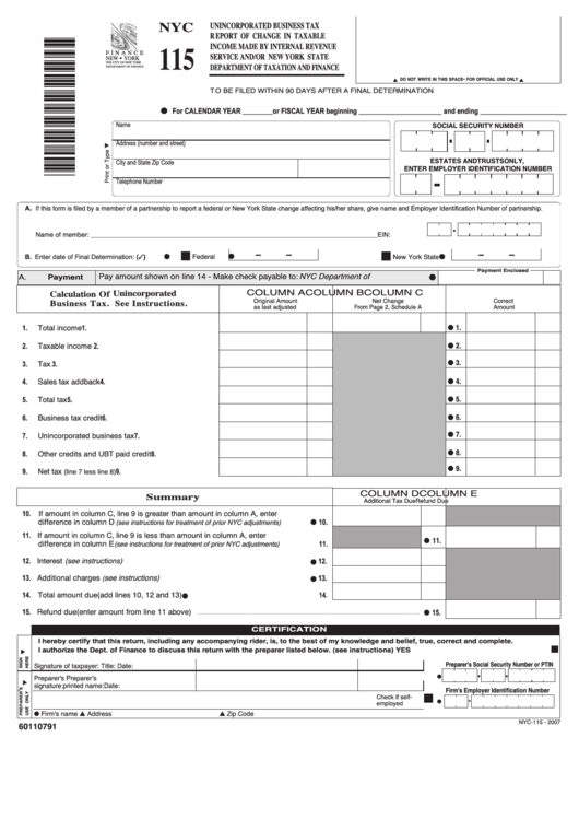 Form Nyc-115 -Unincorporated Business Tax Report Of Change In Taxable Income Made By Internal Revenue Service- 2007 Printable pdf