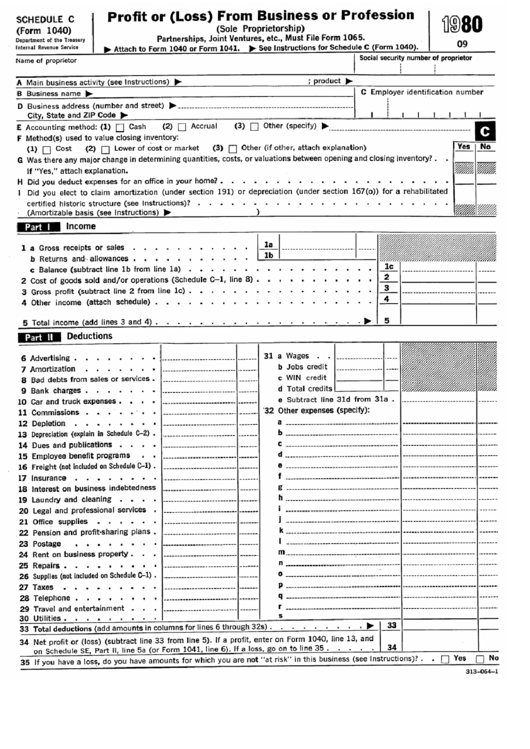 Form 1040 - Schedule C Profit Or (Loss) From Business Or Profession - 1980 Printable pdf