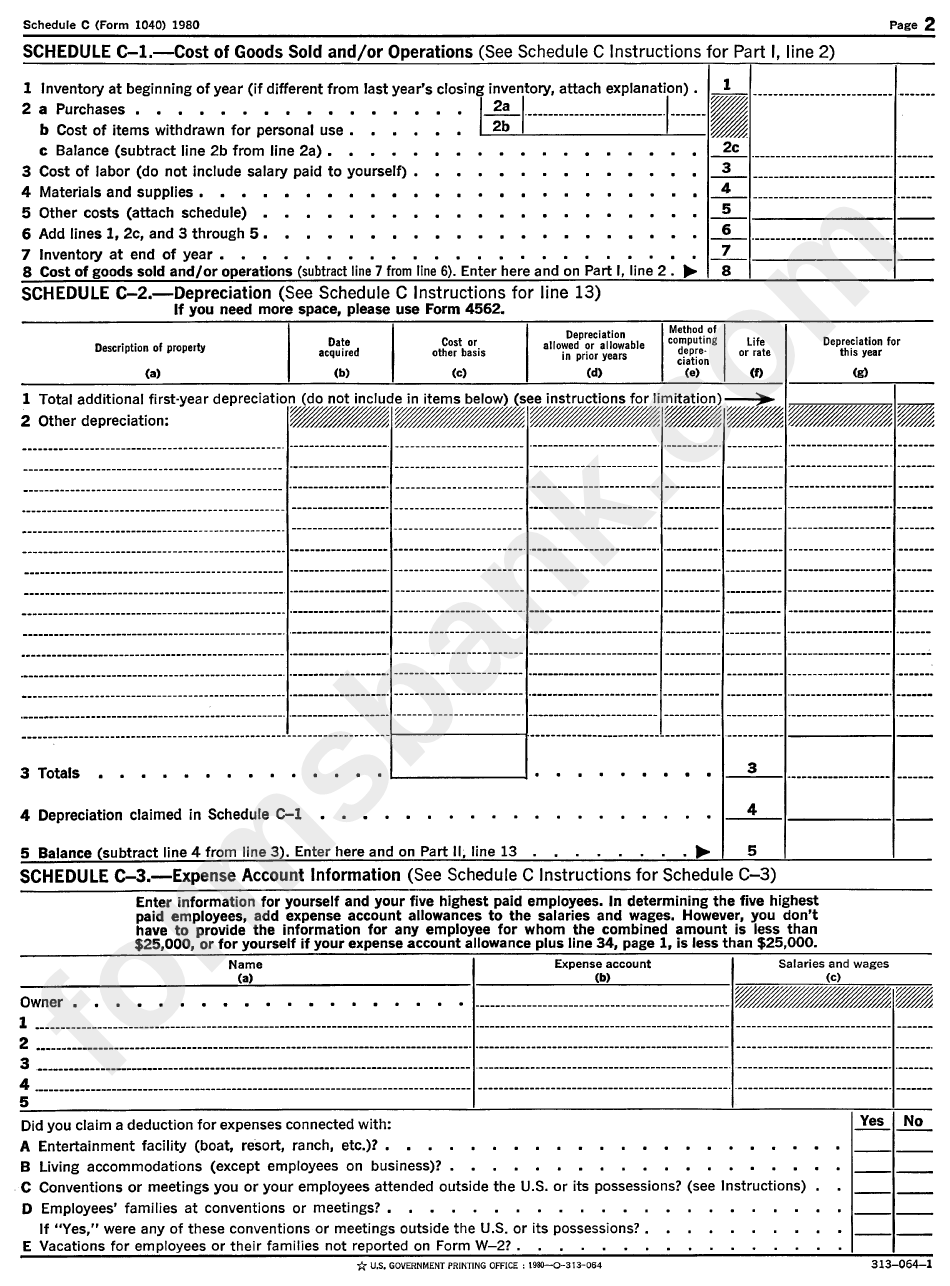 Form 1040 - Schedule C Profit Or (Loss) From Business Or Profession - 1980