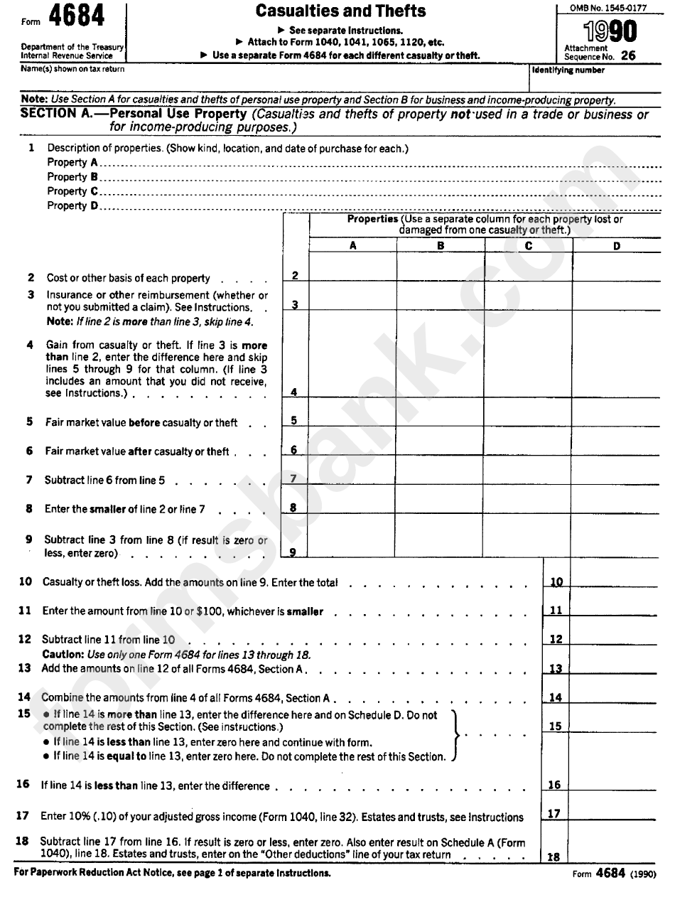 Form 4684 - Casualties And Thefts - 1990