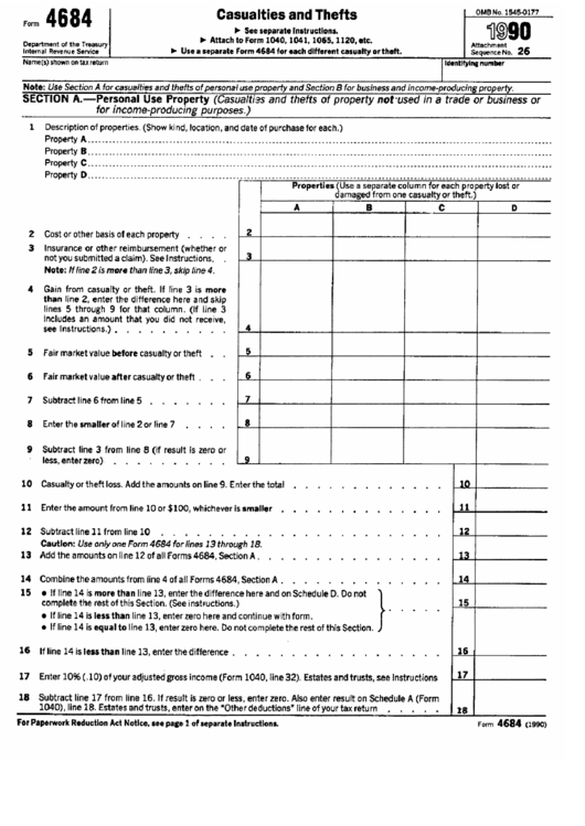 Form 4684 - Casualties And Thefts - 1990 Printable pdf