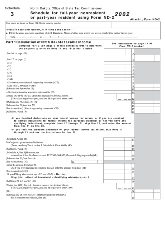 Schedule 3 - Schedule For Full-Year Nonresident Or Part Year Resident Using Form Nd-2 - 2002 Printable pdf