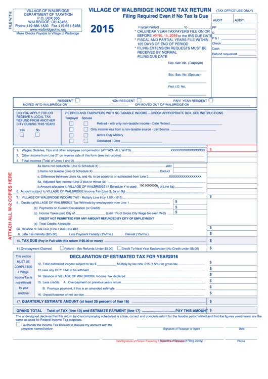 Village Of Walbridge Income Tax Return - 2015 Printable pdf