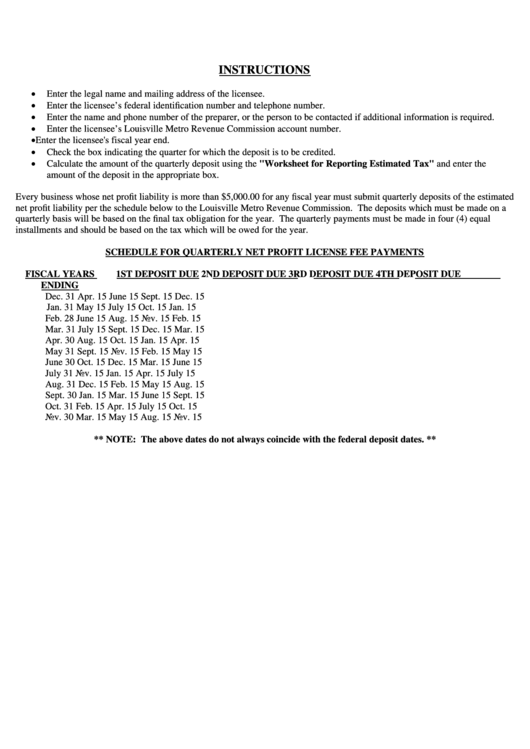 Schedule For Quarterly Net Profit License Fee Payments - Kentucky Printable pdf