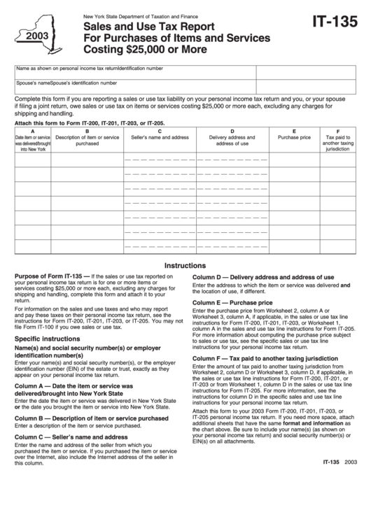 Form It-135 - Sales And Use Tax Report For Purchases Of Items And Services Costing 25,000 Or More - 2003 Printable pdf