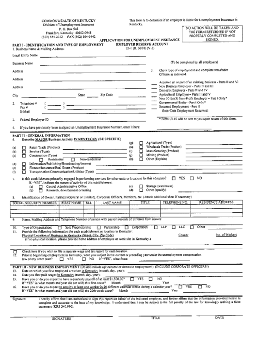 Application For Unemployment Insurance Emploter Reserve Account Printable pdf