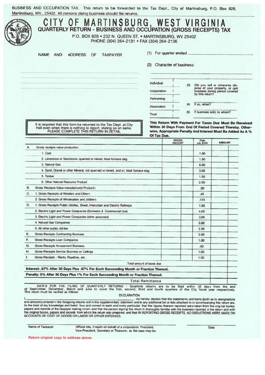 City Of Martinsburg Quarterly Return - Business And Occupation Tax Printable pdf