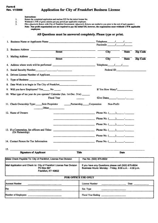 Form 6 - Application For City Frankfort Business License printable pdf ...