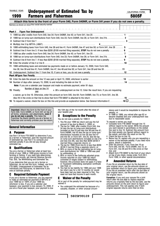 Fillable Form 5805f - Underpayment Of Estimated Tax By Farmers And Fishermen - 1999 Printable pdf