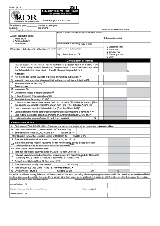 Fillable Form It-541 - Fiduciary Income Tax Return (For Estates And Trusts) - 2011 Printable pdf