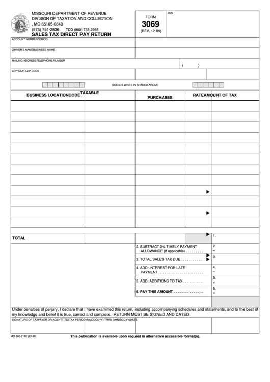Form 3069 - Sales Tax Direct Pay Return Printable pdf