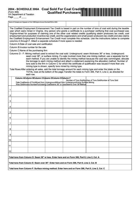 Schedule 306a (Form 306) - Coal Sold For Coal Credit To Qualified Purchasers - 2004 Printable pdf