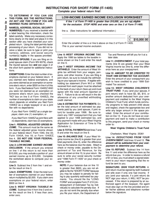Instructions For Short Form It-140s printable pdf download
