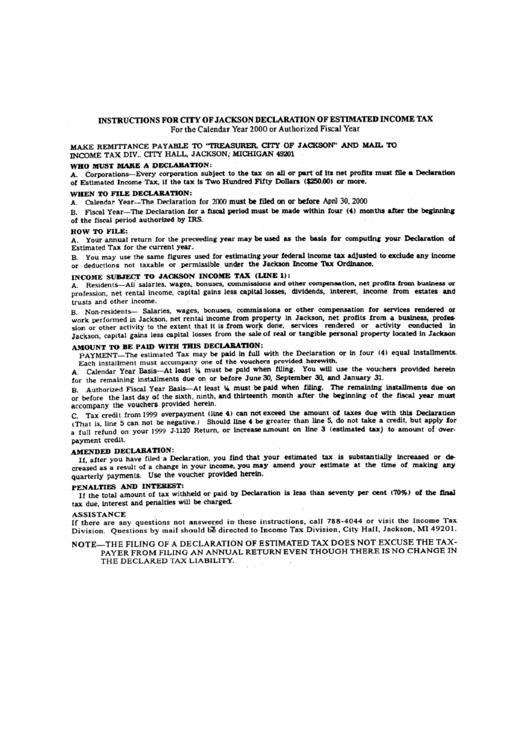 Instructions For City Of Jackson Declaration Of Estimated Income Tax - Income Tax Division - 2000 Printable pdf