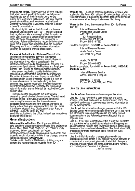 Instructions For Form 9041 - Internal Revenue Service - 1999 Printable pdf