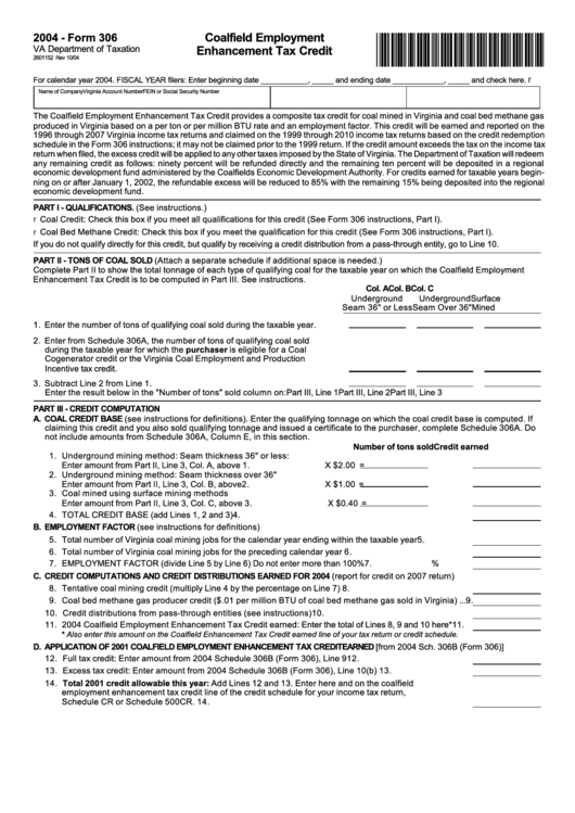 Form 306 - Coalfield Employment Enhancement Tax Credit - 2004 Printable pdf