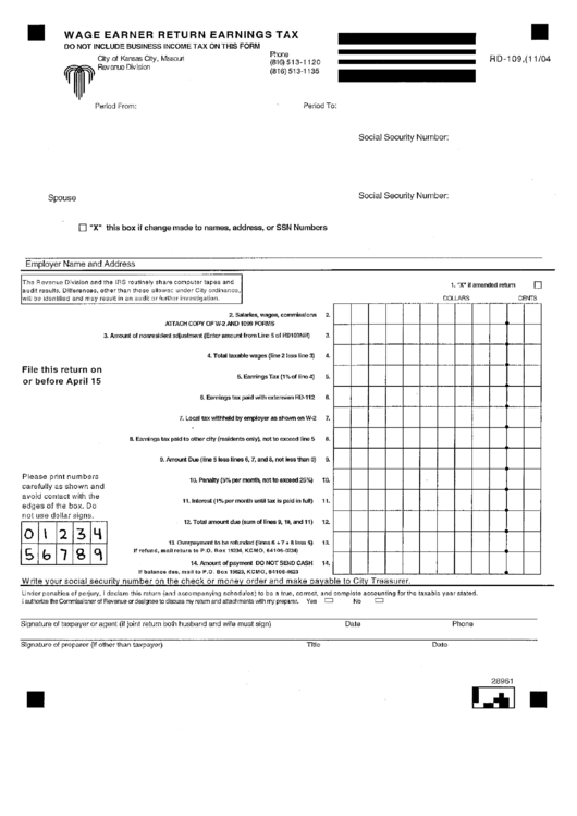 Form Rd-109 - Wage Earner Return Earnings Tax Printable pdf