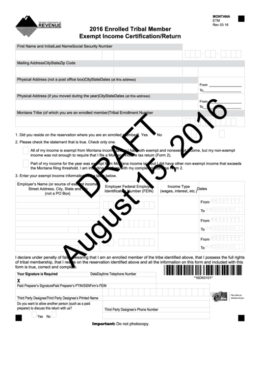 Montana Form Etm Draft - Enrolled Tribal Member Exempt Income Certification/return - 2016 Printable pdf