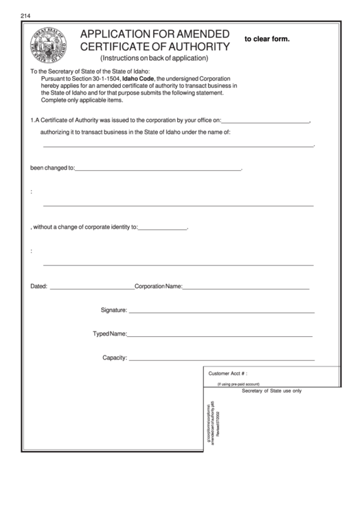 Fillable Application For Amended Certificate Of Authority - Secretary Of State Of The State Of Idaho Printable pdf