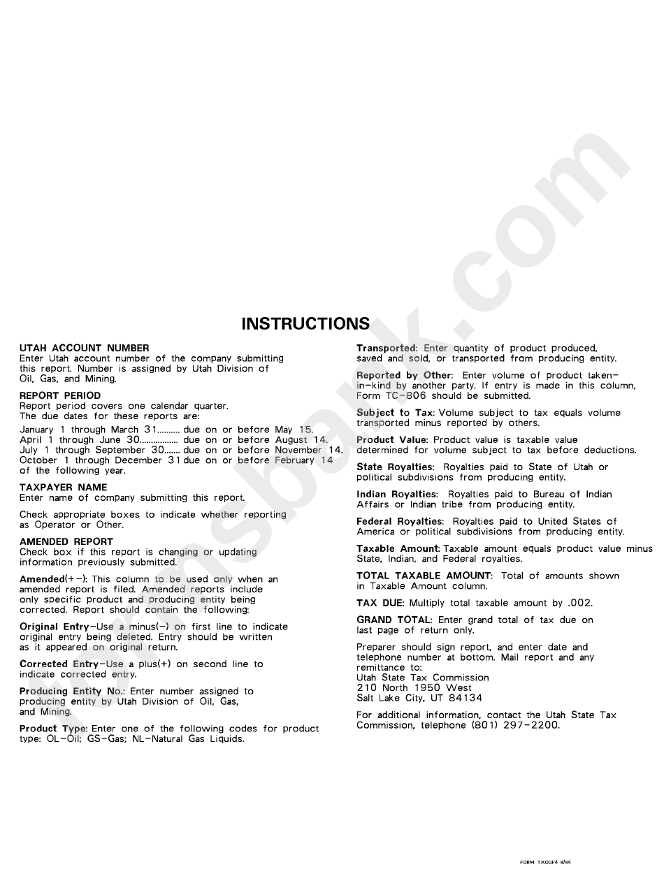 Instructions For Form Txogf4 - Utah State Tax Commission