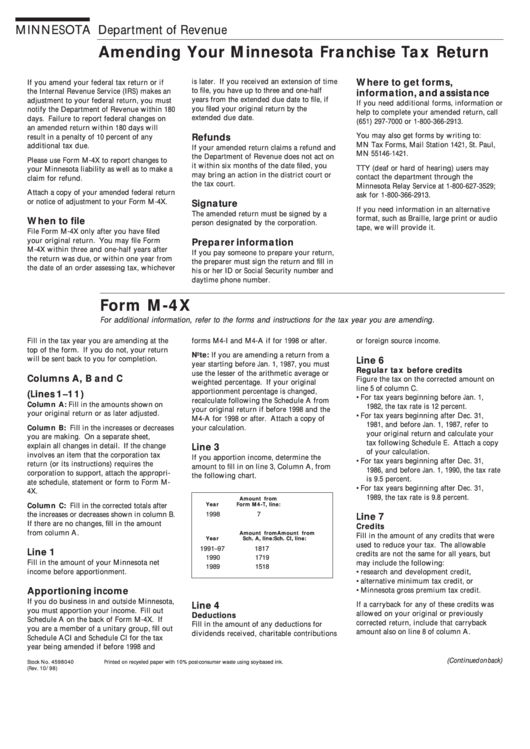 Instructions For Form M-4x - Minnesota Department Of Revenue Printable pdf