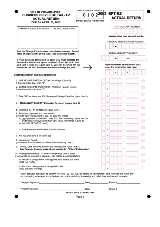 Form Bpt-Ez Actual Return - Business Privilege Tax - 2002 Printable pdf