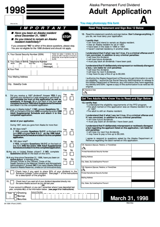 Fillable Form 04-100a - Adult Application - Alaska Permanent Fund Dividend - 1998 Printable pdf