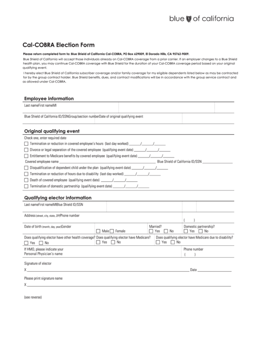 CalCobra Election Form Blue Shield Of California printable pdf download