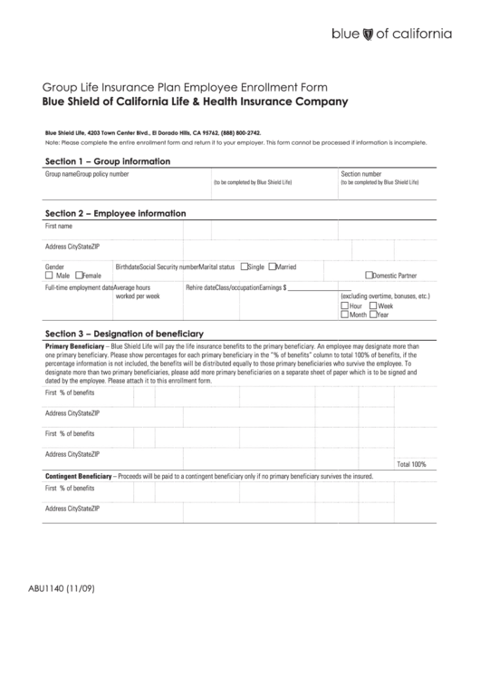 Fillable Form Abu1140 - Group Life Insurance Plan Employee Enrollment Form - Blue Shield Of California Printable pdf