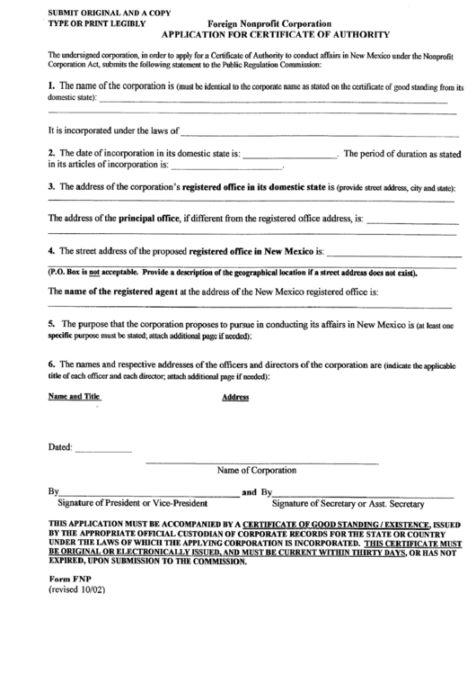 Form Fnp - Application For Certificate Of Authority - Foreign Nonprofit Corporation - Affidavit Of Acceptance Of Appointment By Designated Initial Registered Agent Printable pdf