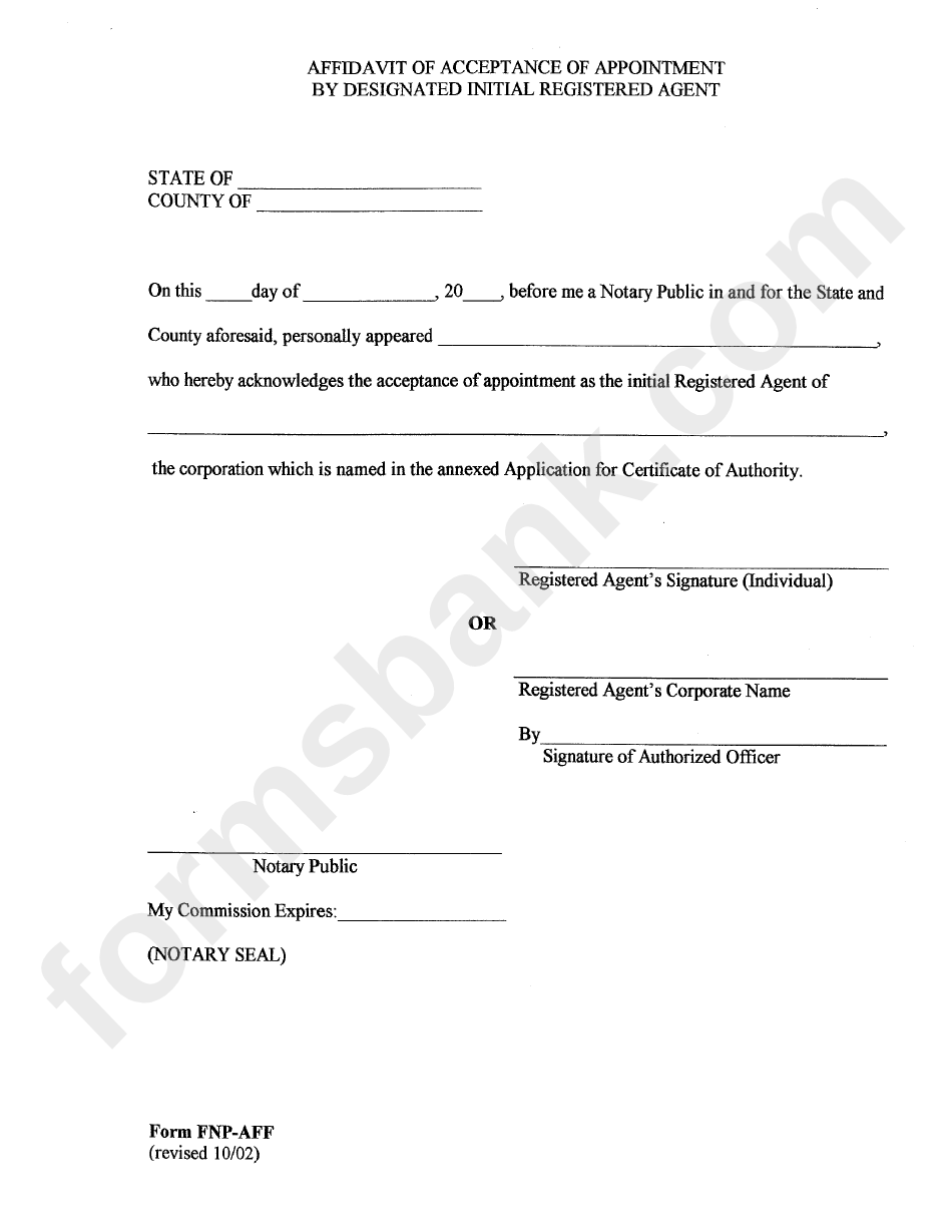 Form Fnp - Application For Certificate Of Authority - Foreign Nonprofit Corporation - Affidavit Of Acceptance Of Appointment By Designated Initial Registered Agent