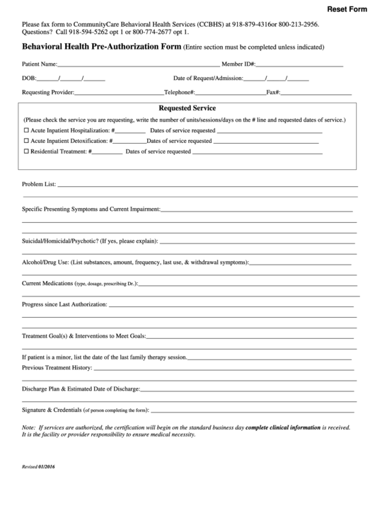 Fillable Behavioral Health Pre-Authorization Form - Ccbhs Printable pdf