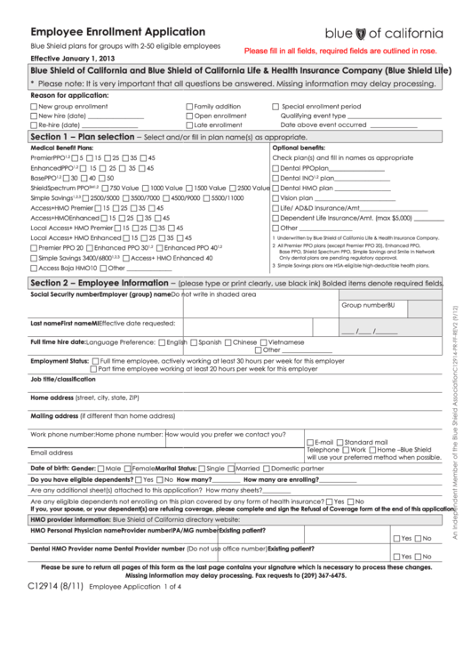 Fillable Form C12914 - Employee Enrollment Application - Blue Shield Of California Printable pdf
