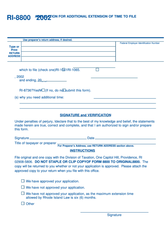 Form Ri-8800 - 0 Application For Additional Extension Of Time To File R.i. Partnership Or R.i. Fiduciary Income Tax Return - 2002 Printable pdf
