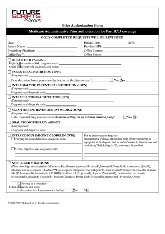 Prior Authorization Form - Medicare Administrative Prior Authorization For Part B/d Coverage Printable pdf