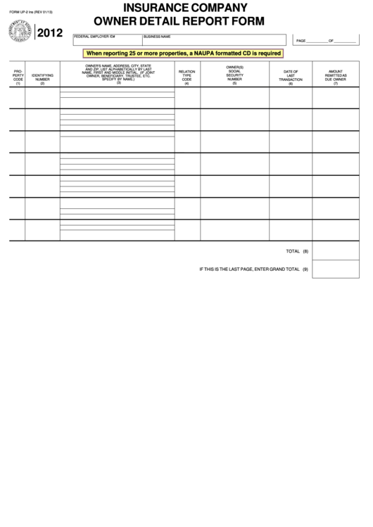Fillable Form Up-2 Ins - Insurance Company Owner Detail Report Form - 2012 Printable pdf