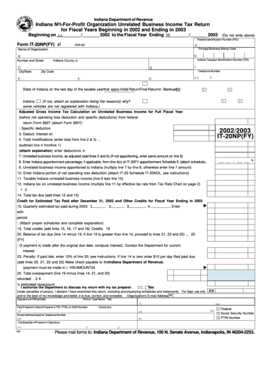 Form It-20np(Fy) - Indiana Not-For-Profit Organization Unrelated Business Income Tax Return For Fiscal Years Beginning In 2002 And Ending In 2003 Printable pdf