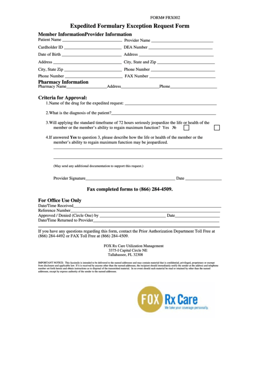Form Frx002 - Expedited Formulary Exception Request Form Printable pdf