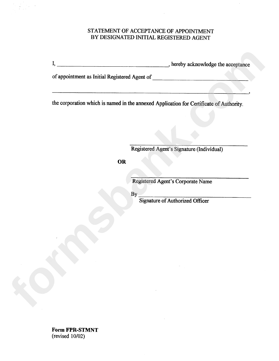 Form Fpr - Application For Certificate Of Authority - Foreign Nonprofit Corporation - Statement Of Acceptance Of Appointment By Designated Initial Registered Agent