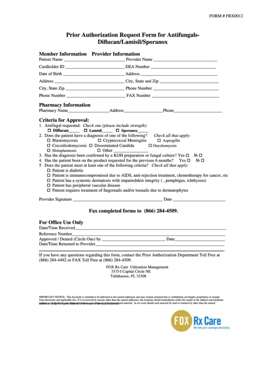 Form Frx0012 - Prior Authorization Request Form For Antifungalsdiflucan/lamisil/sporanox Printable pdf