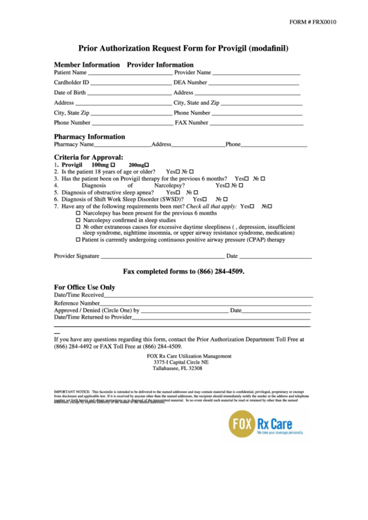 Form Frx0010 - Prior Authorization Request Form For Provigil (Modafinil) Printable pdf