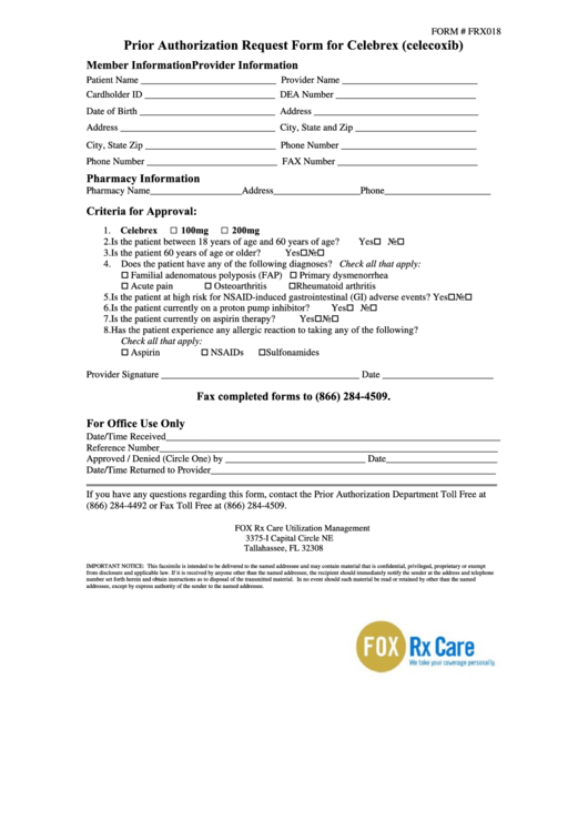 Form Rx018 - Prior Authorization Request Form For Celebrex (Celecoxib) Printable pdf
